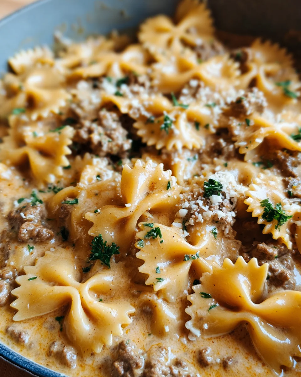 Cheesy Beef and Bowtie Pasta in Garlic Butter