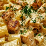 Creamy Garlic Butter Chicken and Rigatoni in Parmesan Sauce