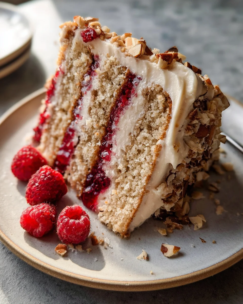 One Bowl Vegan Almond Raspberry Cake with Cream Cheese Frosting