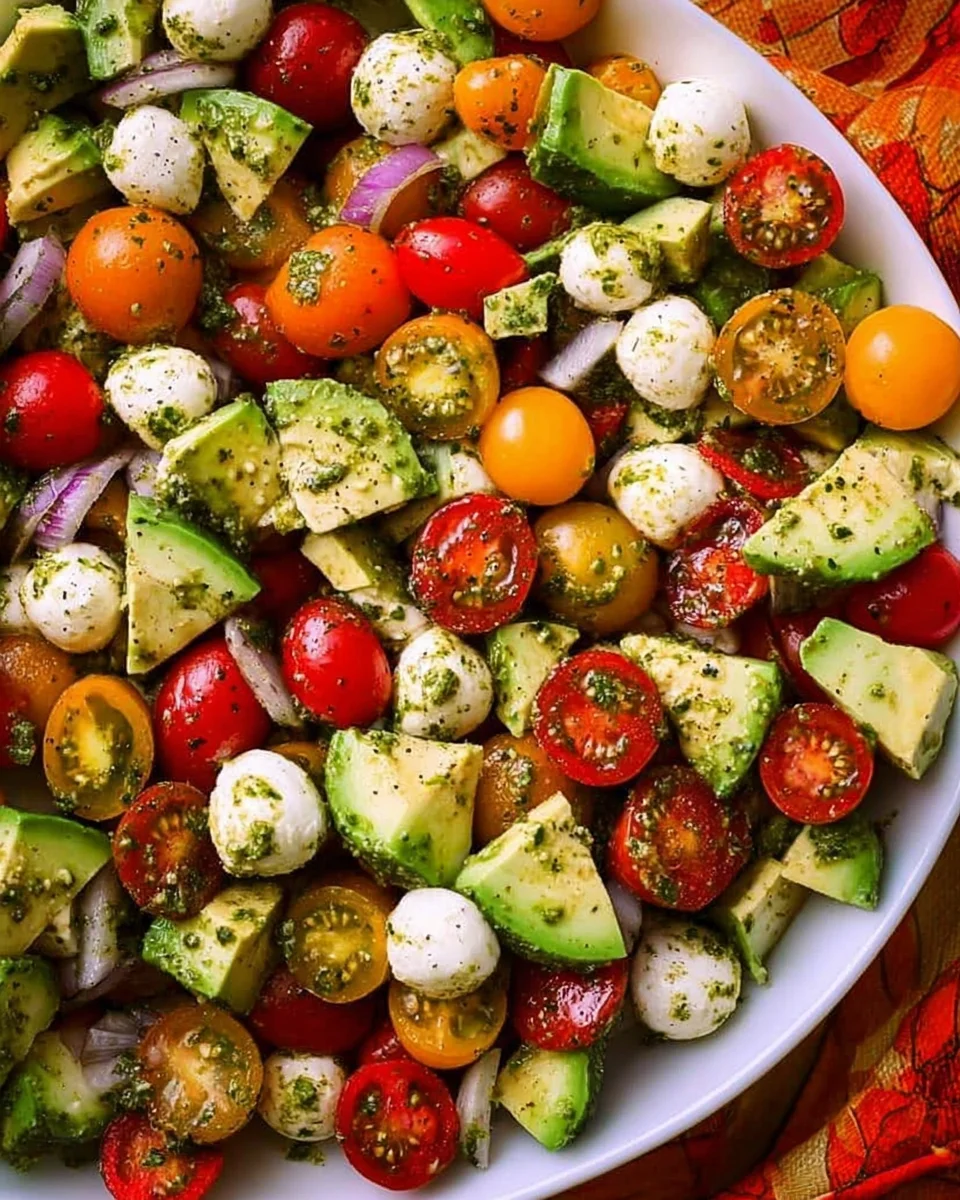 Tomato Cucumber Avocado Salad with Mozzarella and Basil Pesto