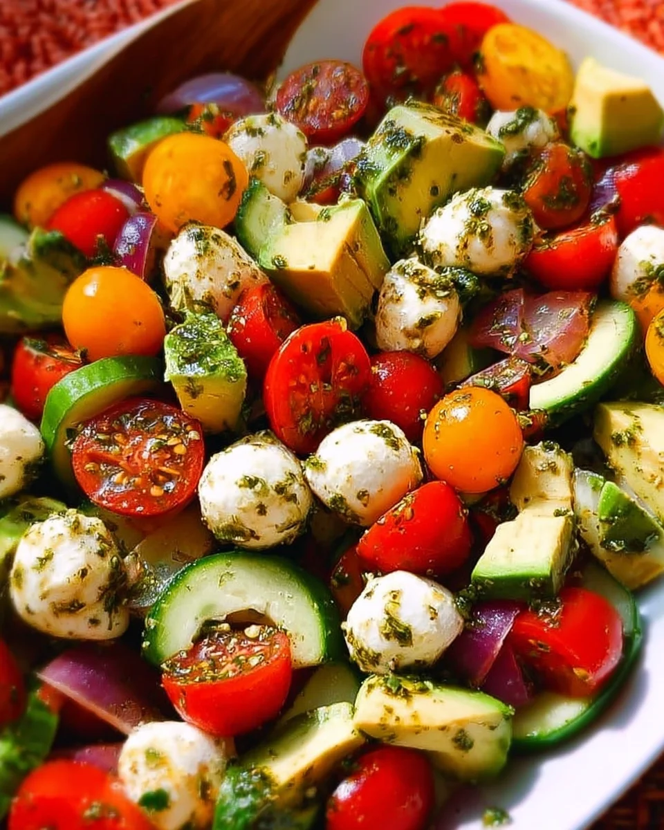 Tomato Cucumber Avocado Salad with Mozzarella and Basil Pesto 17 Tomato
