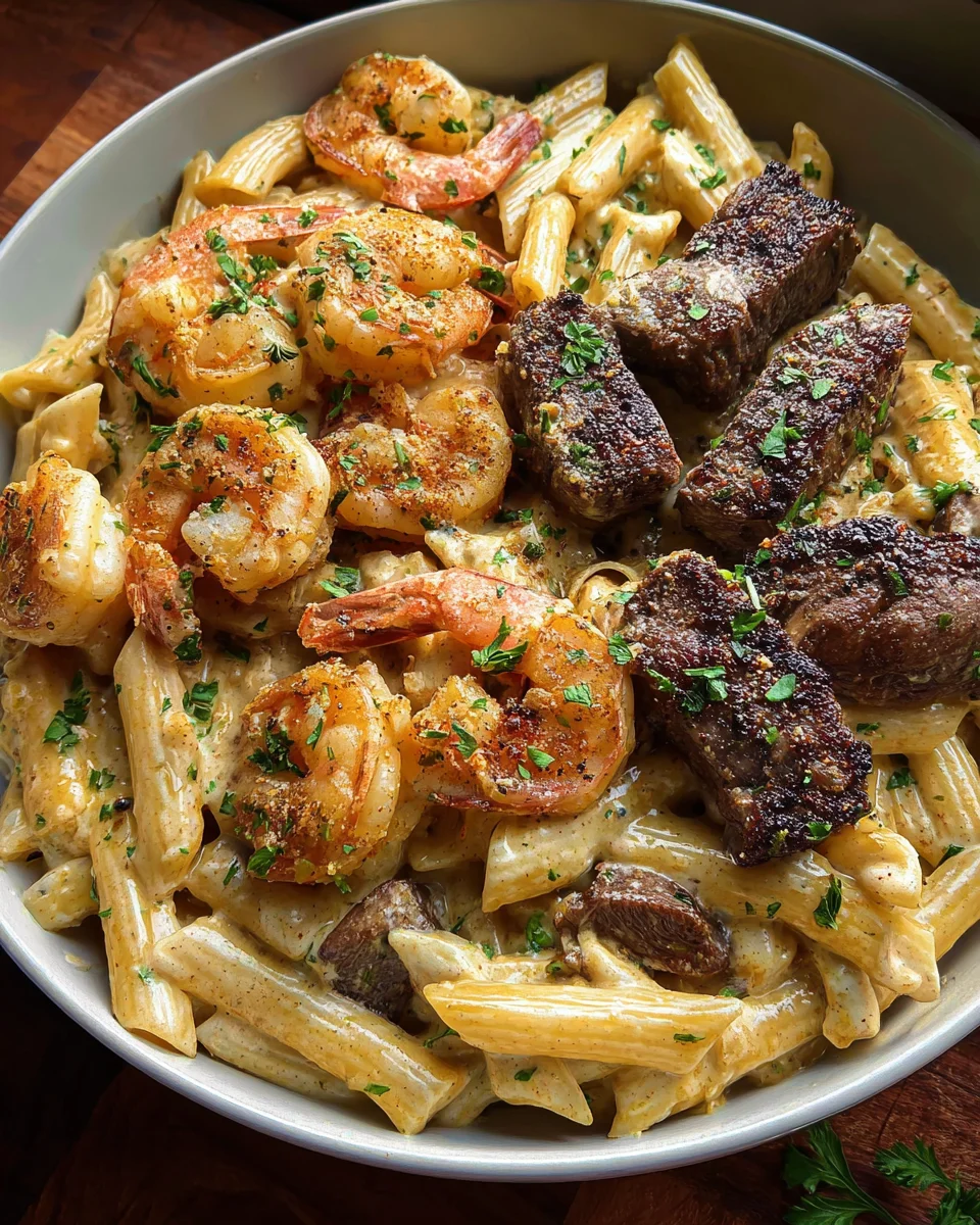 Blackened Steak and Shrimp Alfredo