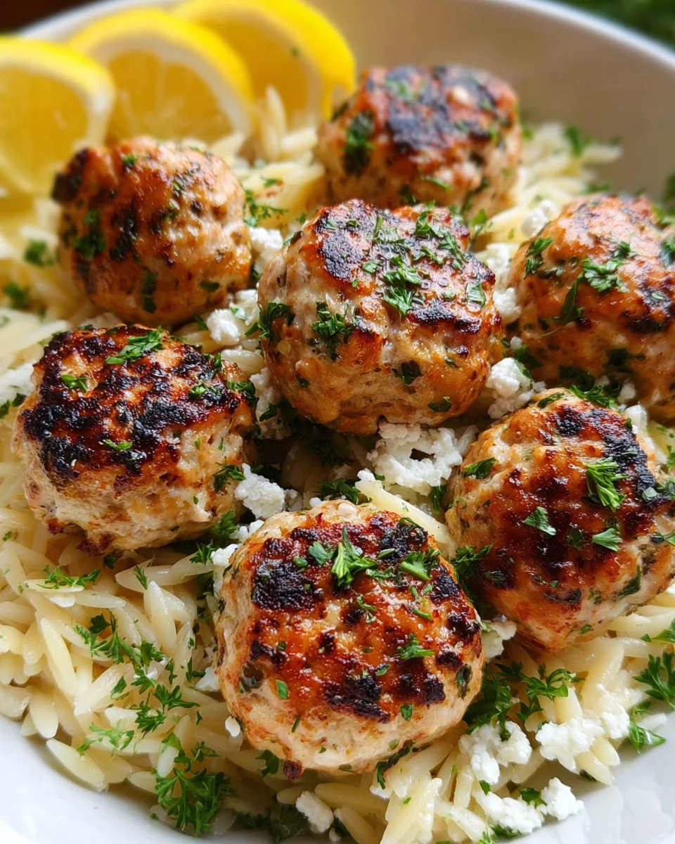 Greek Chicken Meatballs with Lemon Orzo