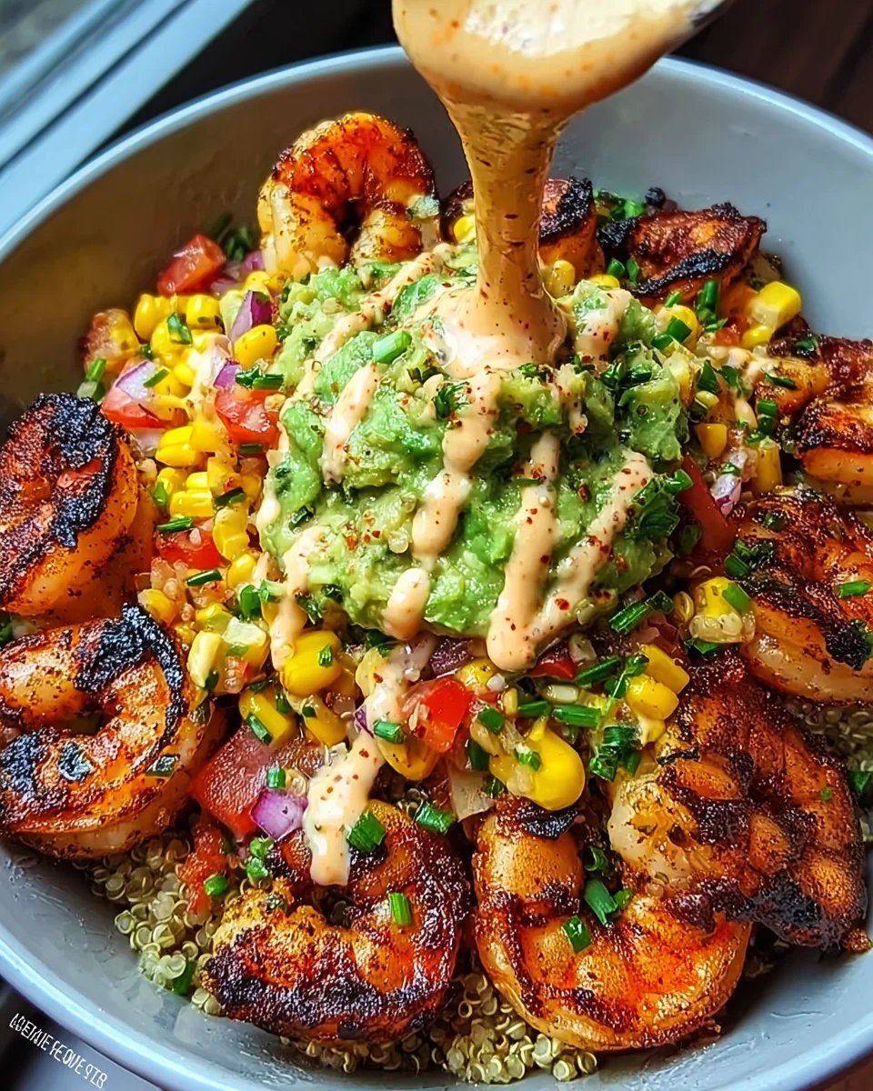 Grilled Shrimp Bowl with Avocado, Corn Salsa & Creamy Sauce