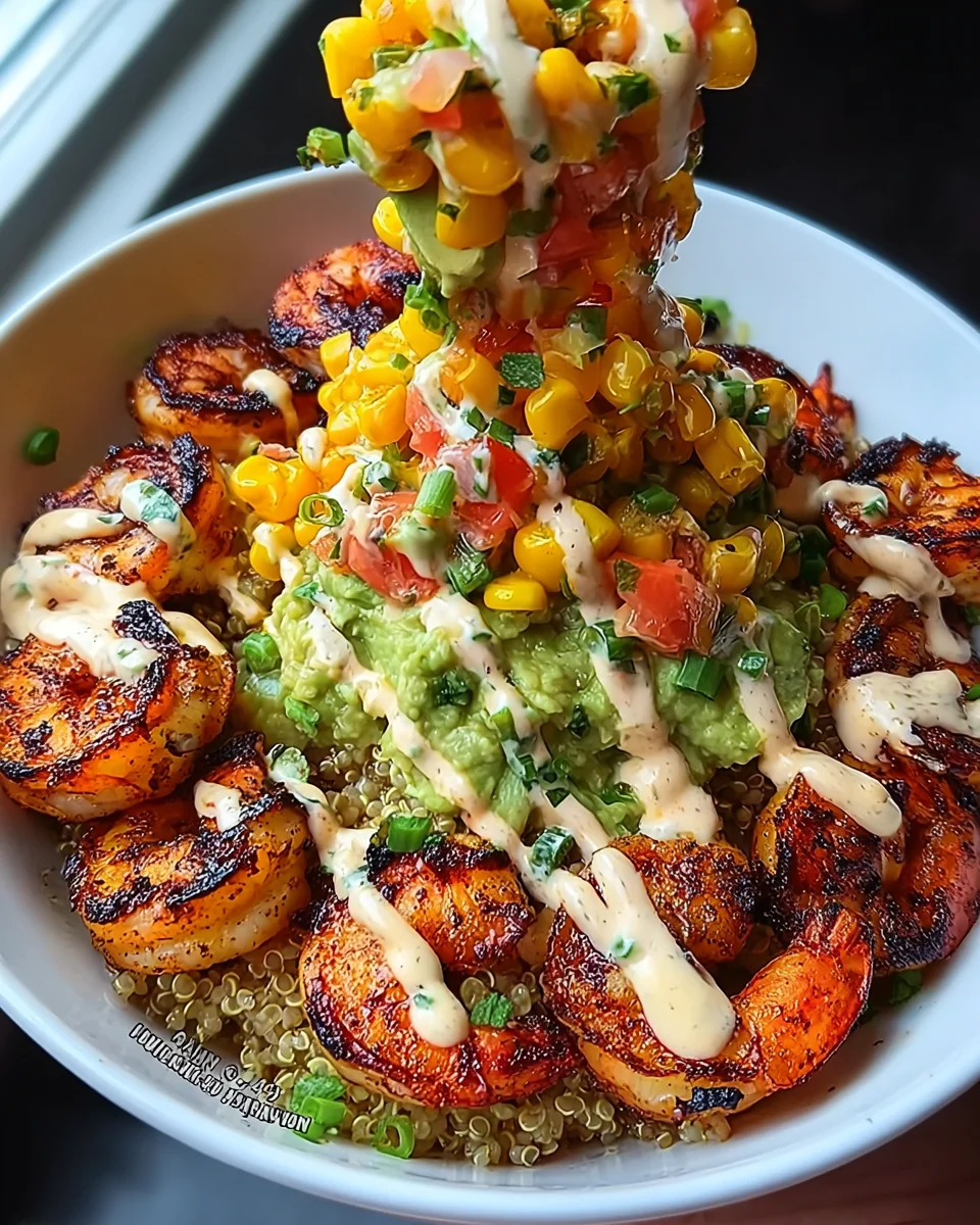 Grilled Shrimp Bowl with Avocado, Corn Salsa & Creamy Sauce 36 Grilled