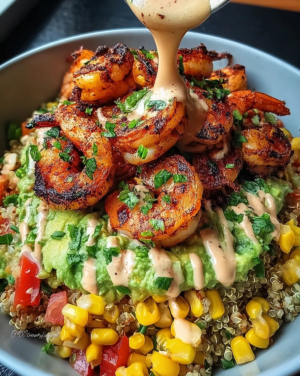 Grilled Shrimp Bowl with Avocado, Corn Salsa & Creamy Sauce 37 Grilled
