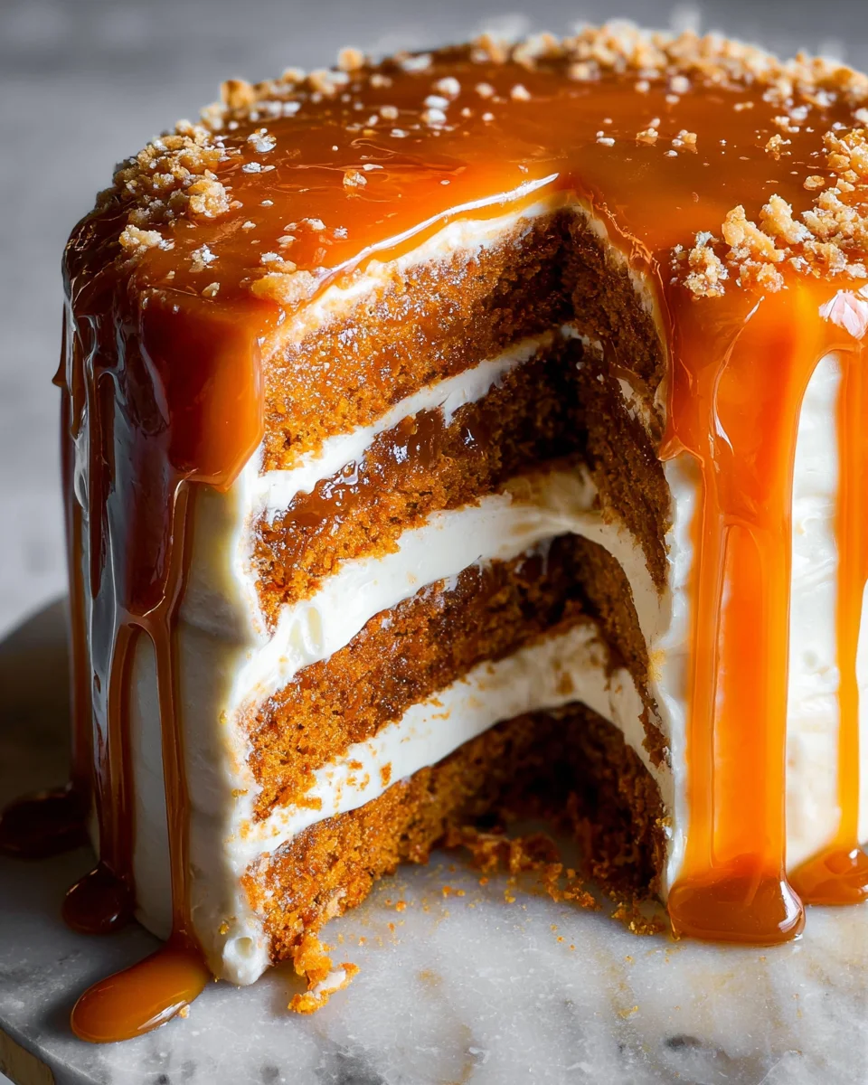 Pumpkin Cake with Cream Cheese Frosting and Salted Caramel Drizzle